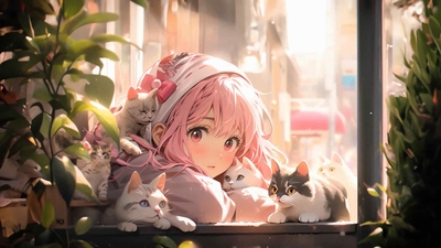 卡哇伊动漫女孩与可爱的猫！-奈落语