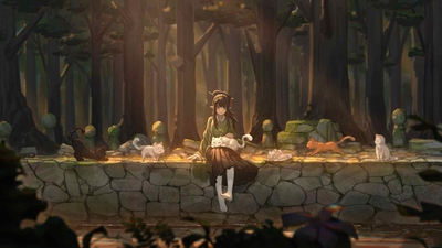 森林 树 少女 猫 4k动漫壁纸-奈落语