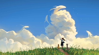 站着绿色原野上，望着天空的云朵化的鱼儿，动漫女生和她的宠物狗狗唯美高清桌面壁纸图片-奈落语