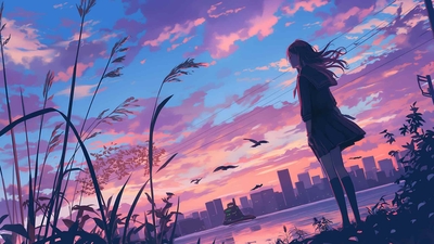 粉红色的日落和动漫女孩桌面壁纸-奈落语