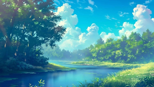 夏日草地河流梦幻桌面壁纸-奈落语