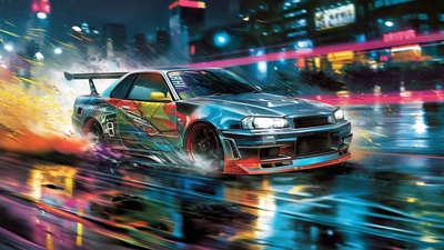 日产 SKYLINE GT-R R34 漂移夜城桌面壁纸-奈落语