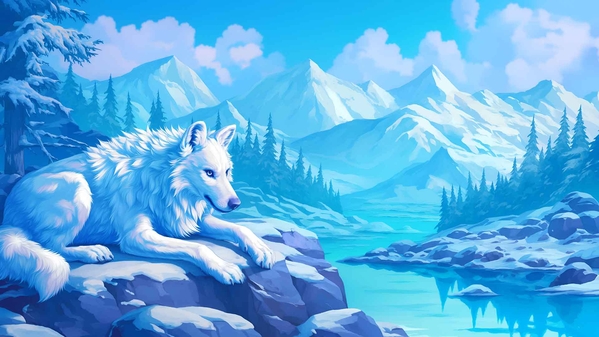 白狼雪山场景桌面壁纸-奈落语