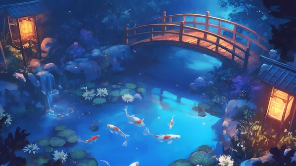 月光下的锦鲤池桌面壁纸-奈落语