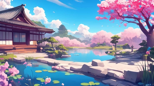 宁静的日本花园樱花池桌面壁纸-奈落语