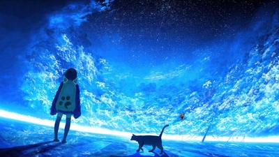 动漫 女孩 猫 夜星 天空 4K壁纸-奈落语