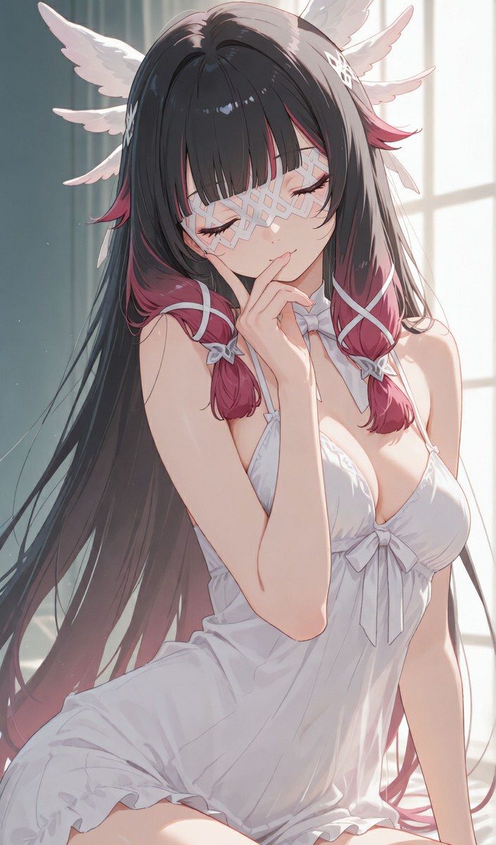 墨粉渐变发羽饰少女 蕾丝遮眼氛围感拉满