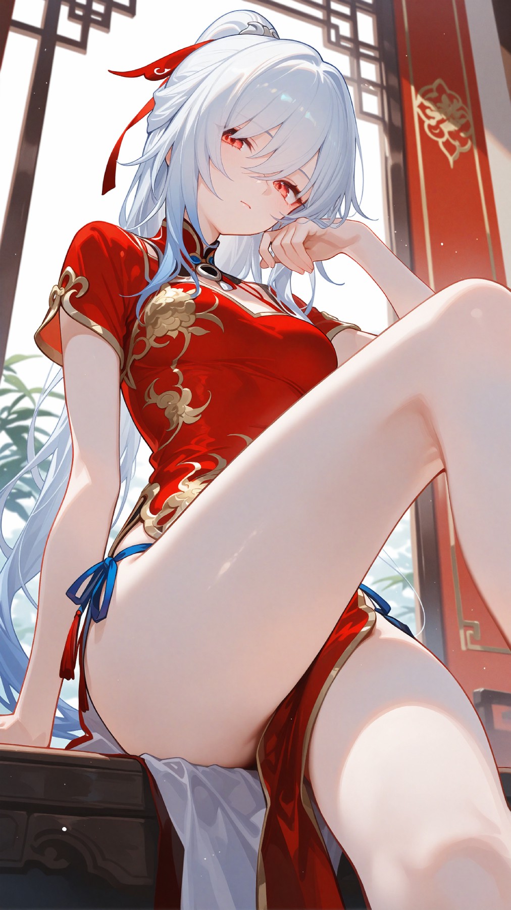 银发红旗袍美人 性感氛围感拉满