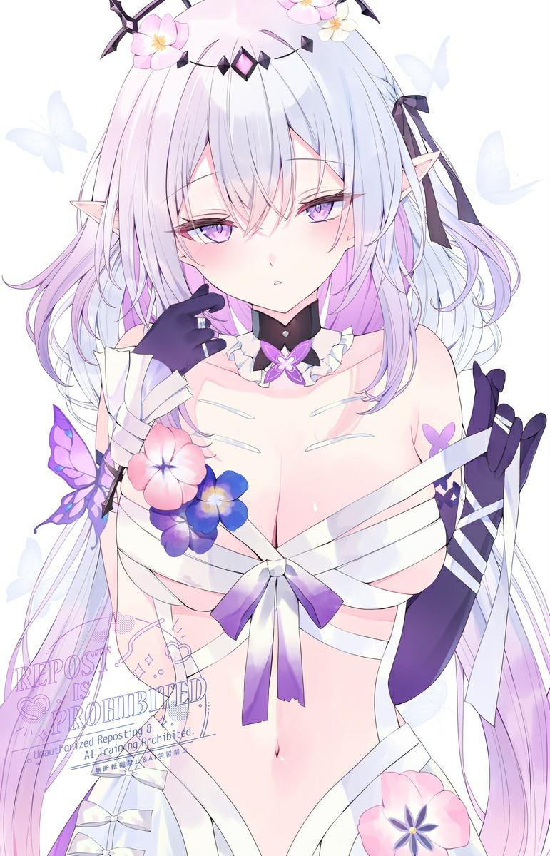 紫发精灵美少女的花蝶梦幻插画