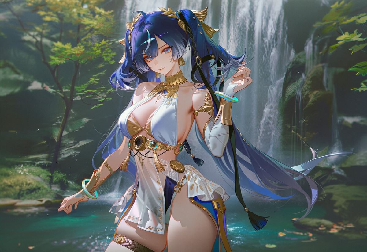 奇幻风格美女，邂逅神秘瀑布美景