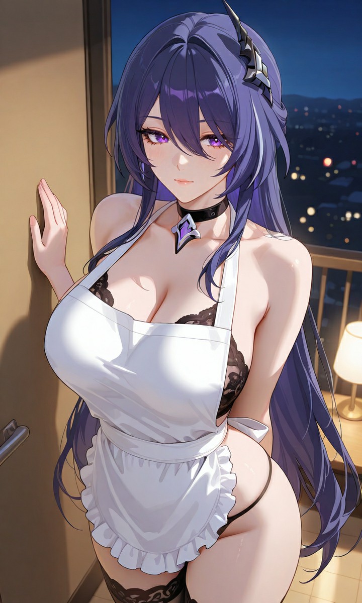 紫色长发女仆装美少女的夜晚阳台时刻