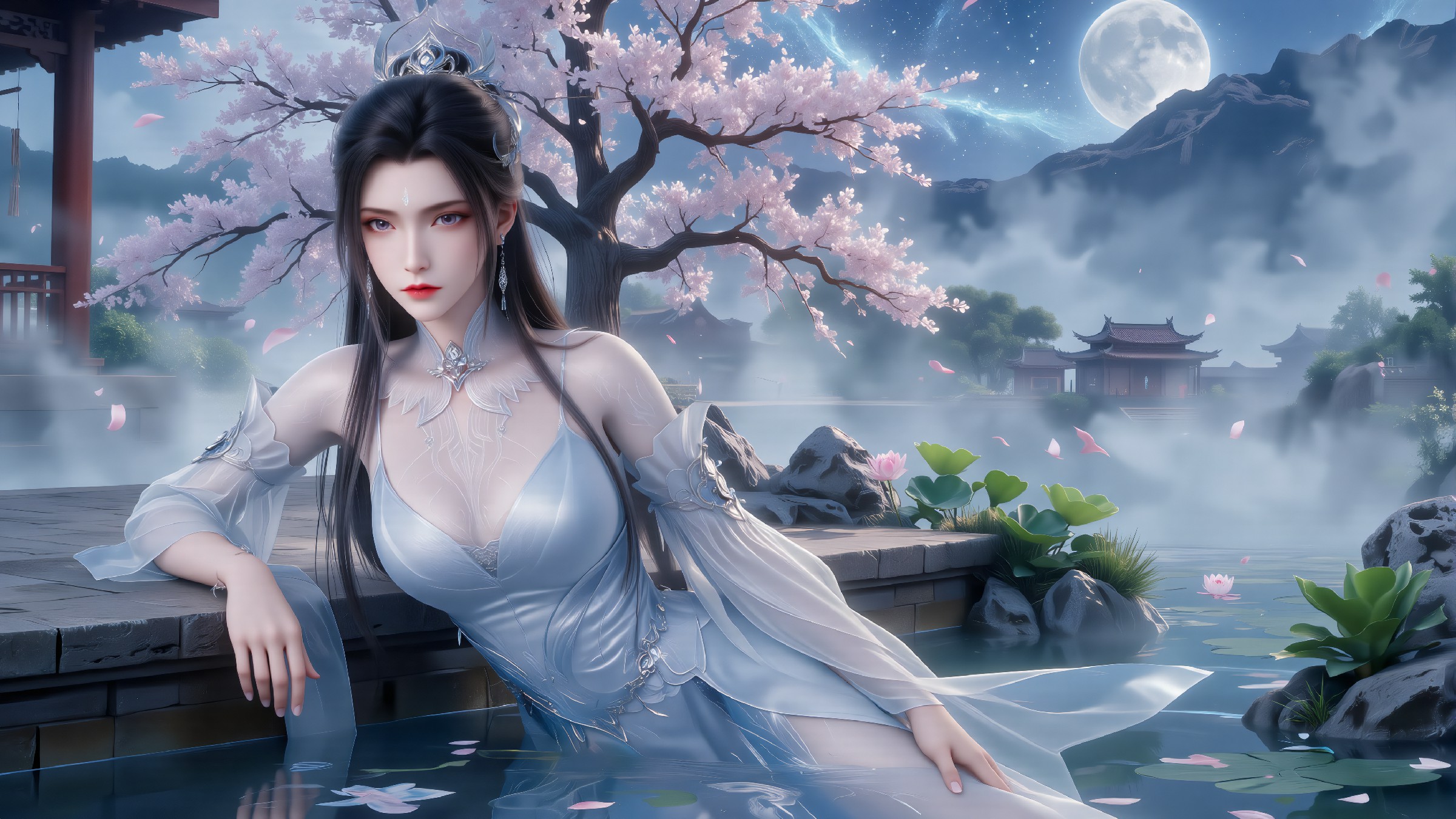 月下樱塘古风美人，仙气飘飘氛围感拉满