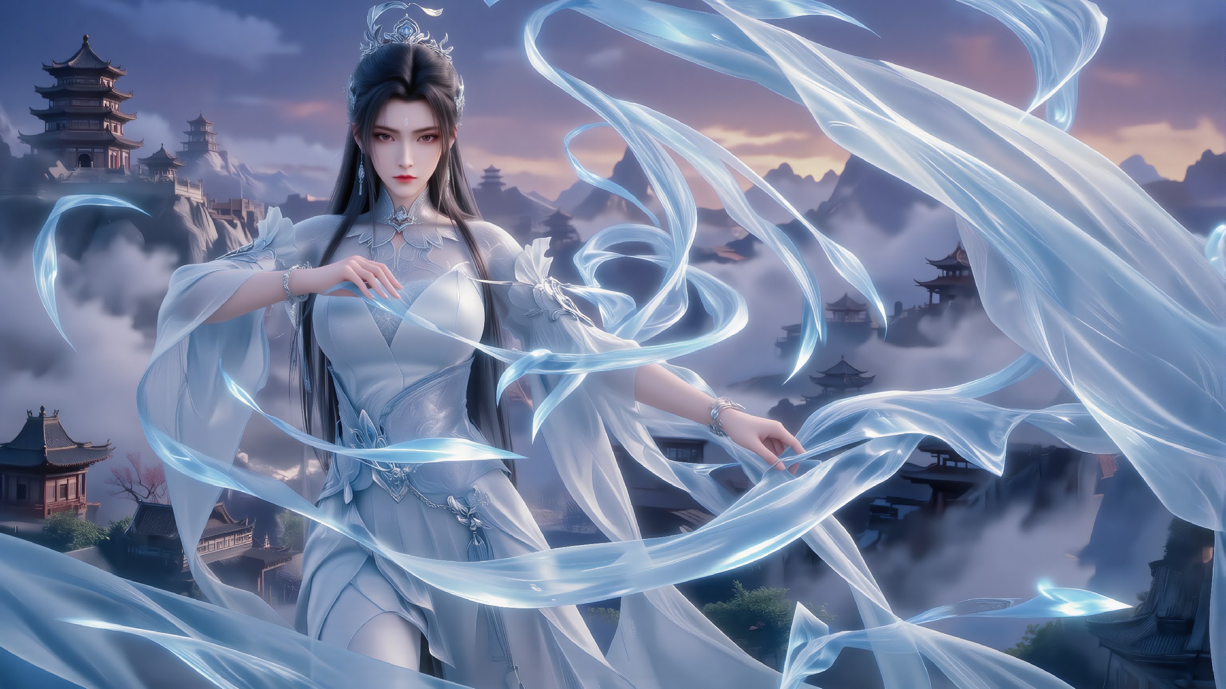 仙袂飘举凌云雾，冷艳神女俯瞰仙山琼楼