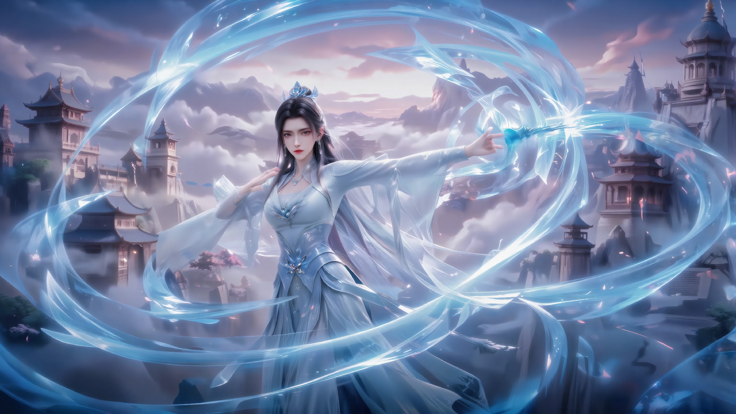 御冰神女傲立云间，仙山古筑隐于雾岚