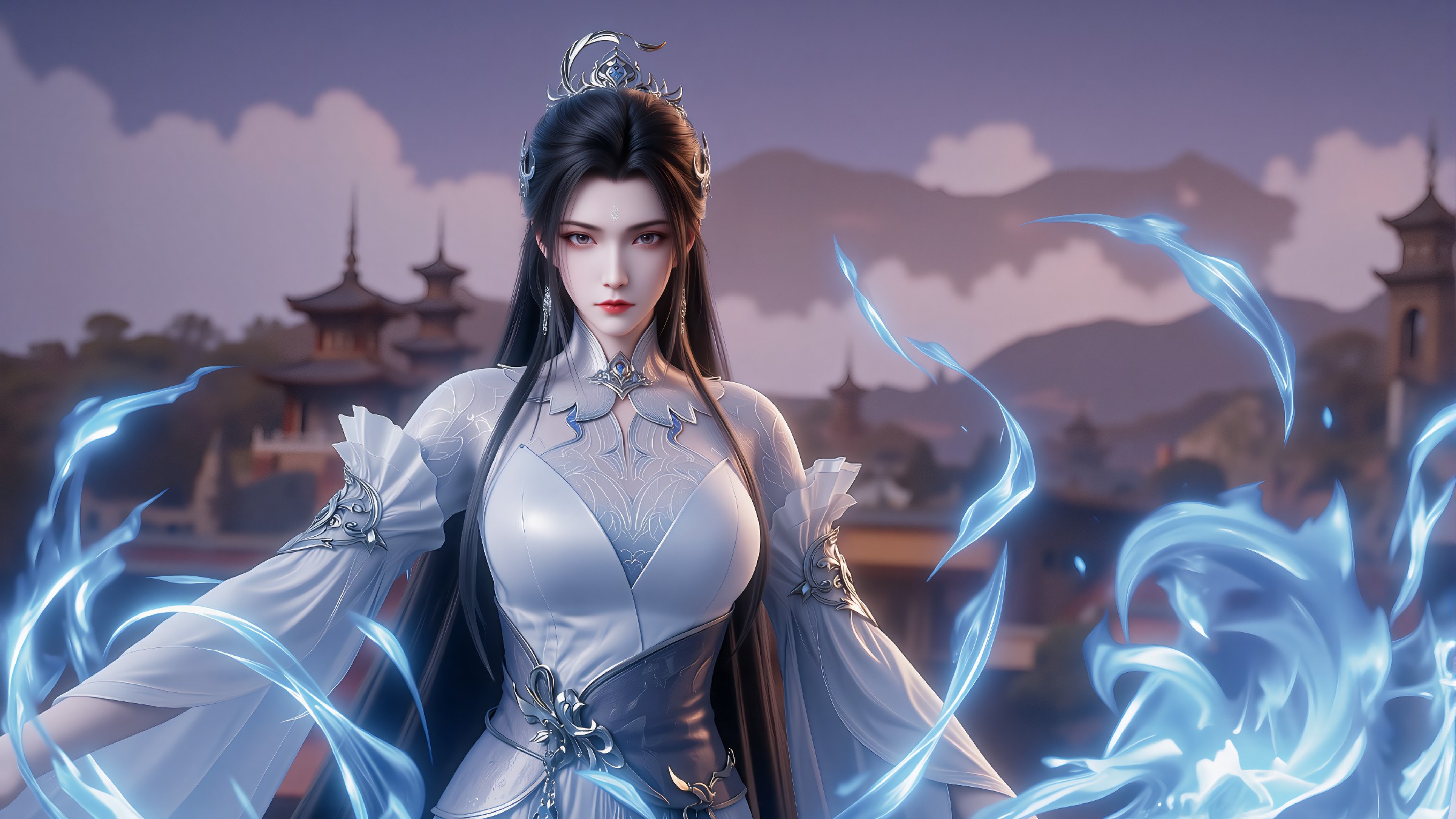 飒爽仙门女修士，驭蓝焰立古楼群峰前