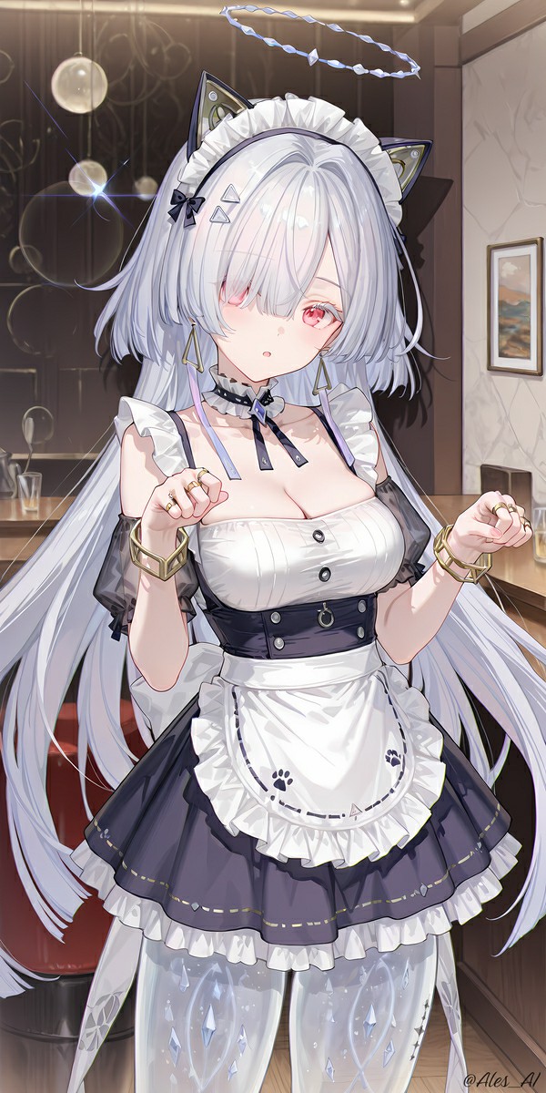 银发猫耳女仆少女，梦幻光晕氛围感拉满