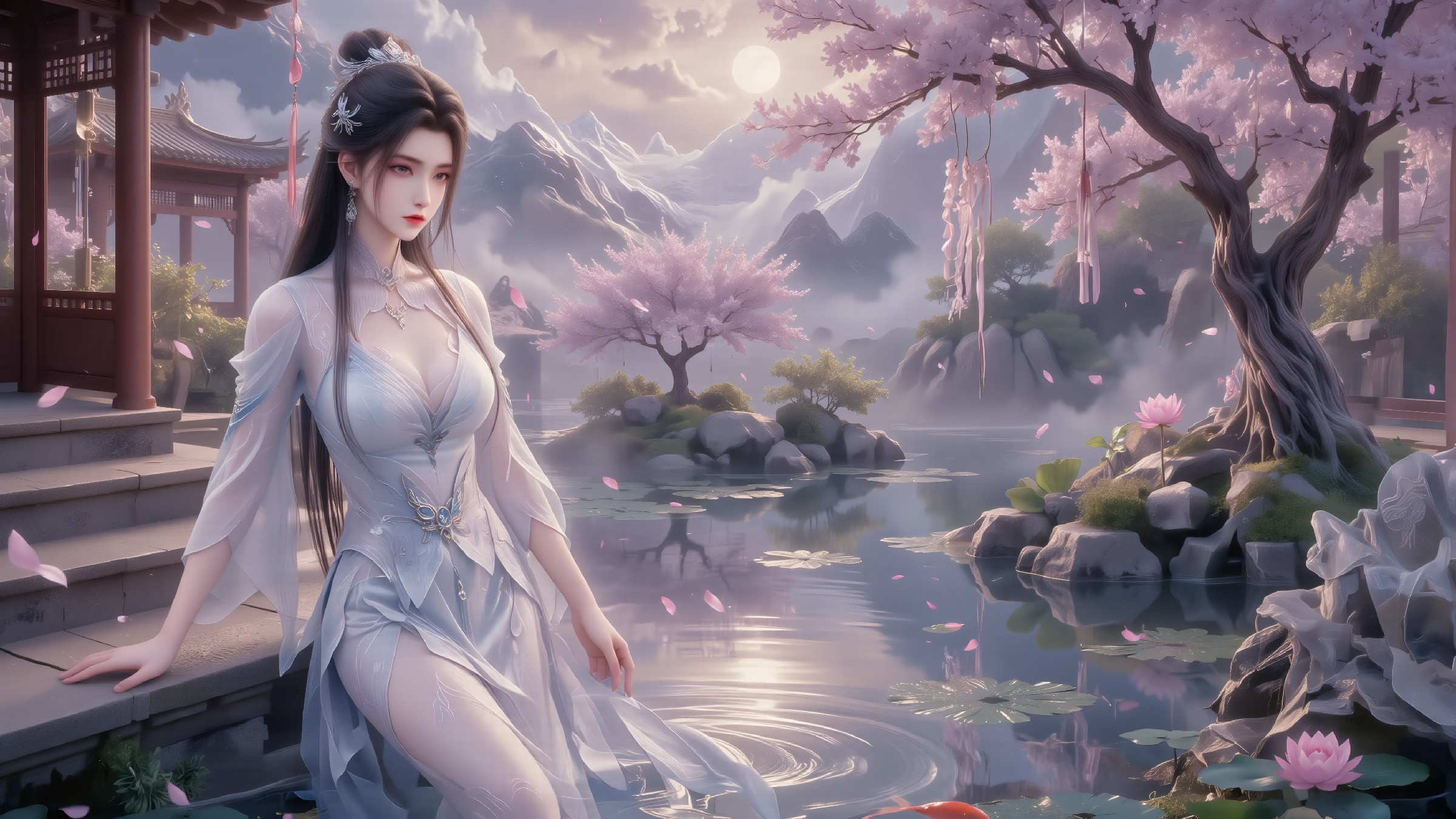 樱花池畔古风美人,仙气氛围感拉满