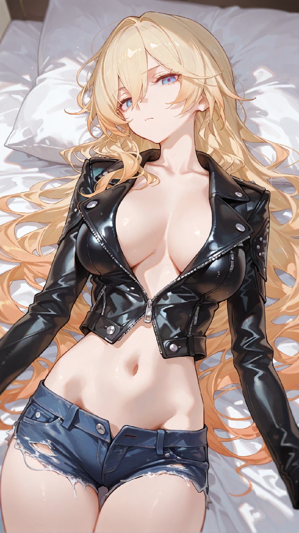 金发御姐躺卧床榻，皮衣热裤尽显慵懒性感