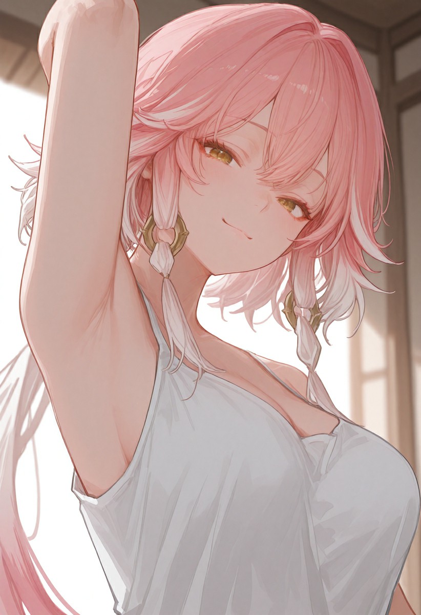 粉发编发少女慵懒抬臂，晨间治愈感扑面而来