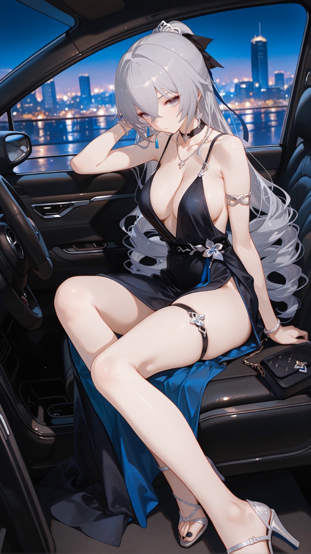 夜色车中魅力少女的时尚风情