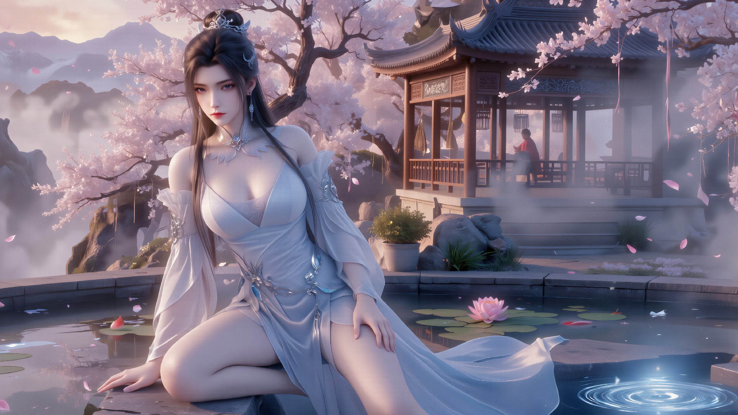 烟锁兰亭花吹雪，仙姿玉影临水凝眸