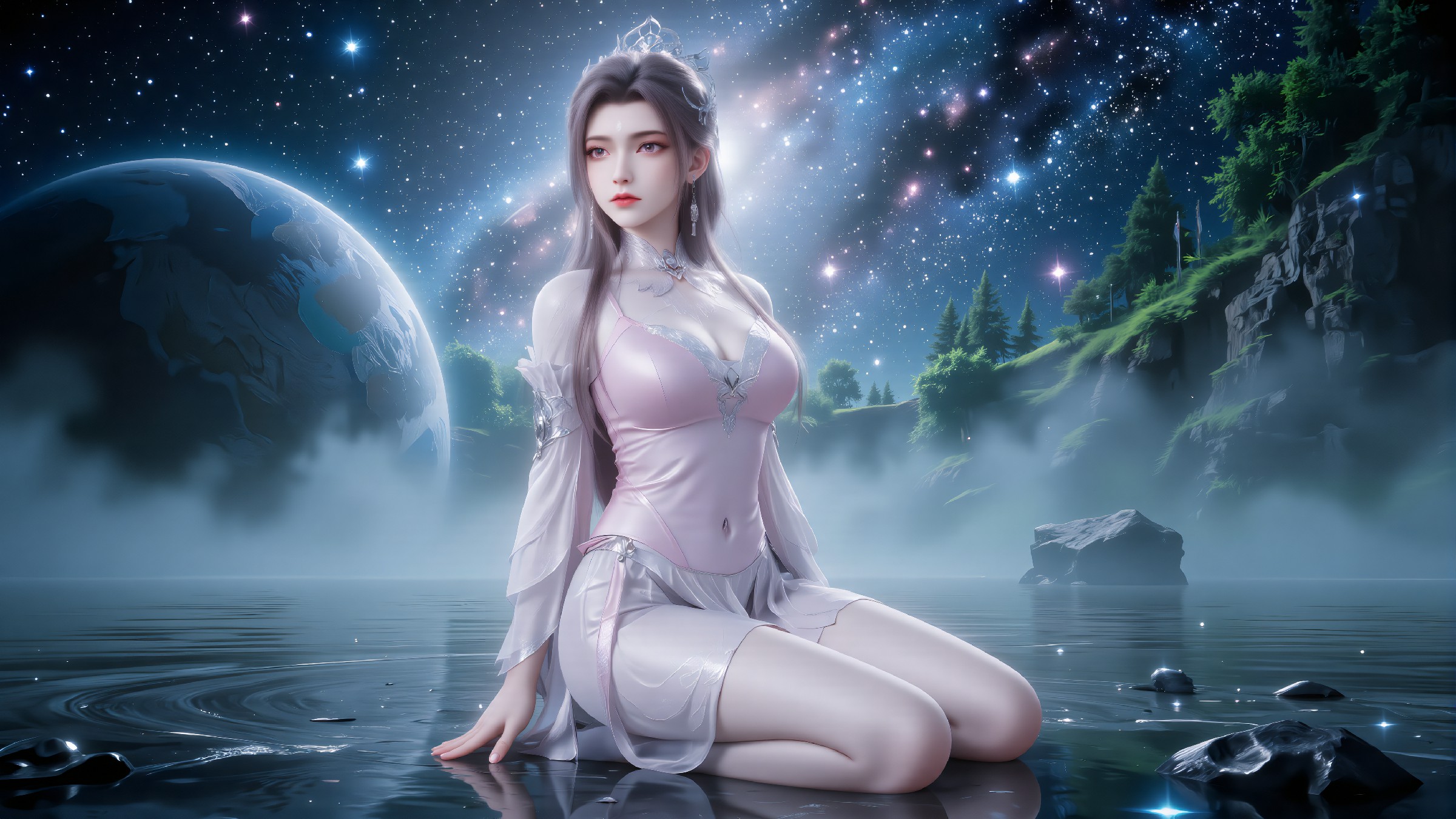 星海悬天,水畔仙娥凝眸揽尽夜色清辉