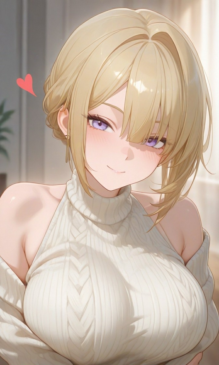 金发紫瞳少女的温柔针织衫穿搭