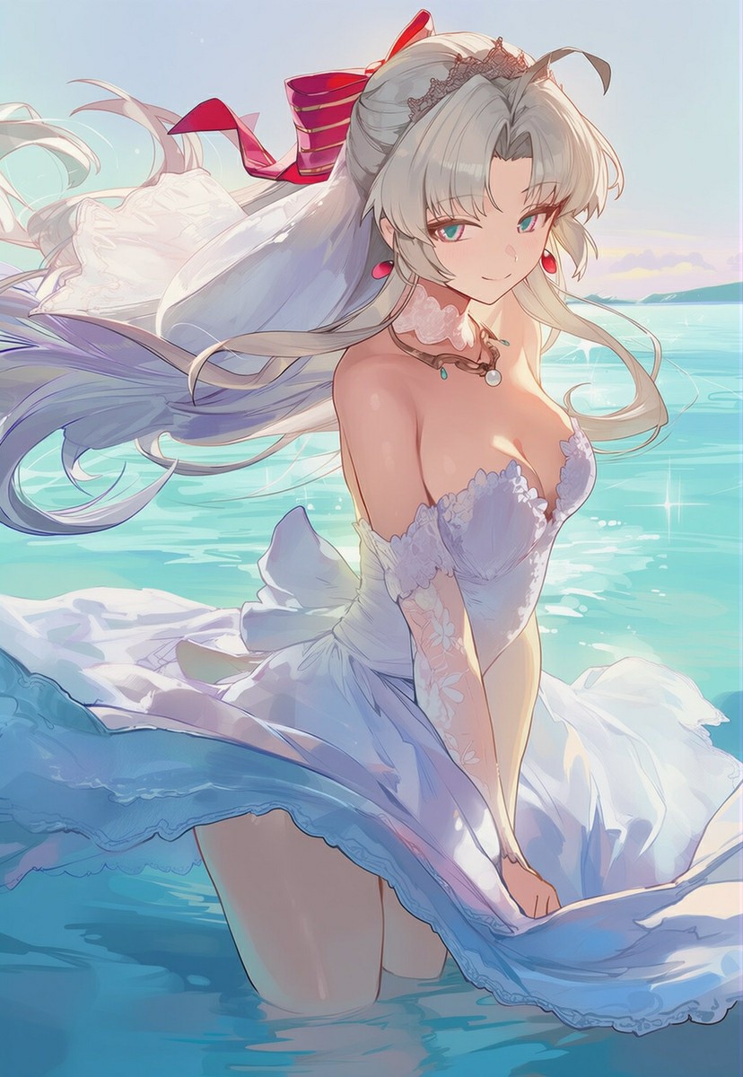 银发婚纱少女踏海而立，浪漫氛围感直接拉满