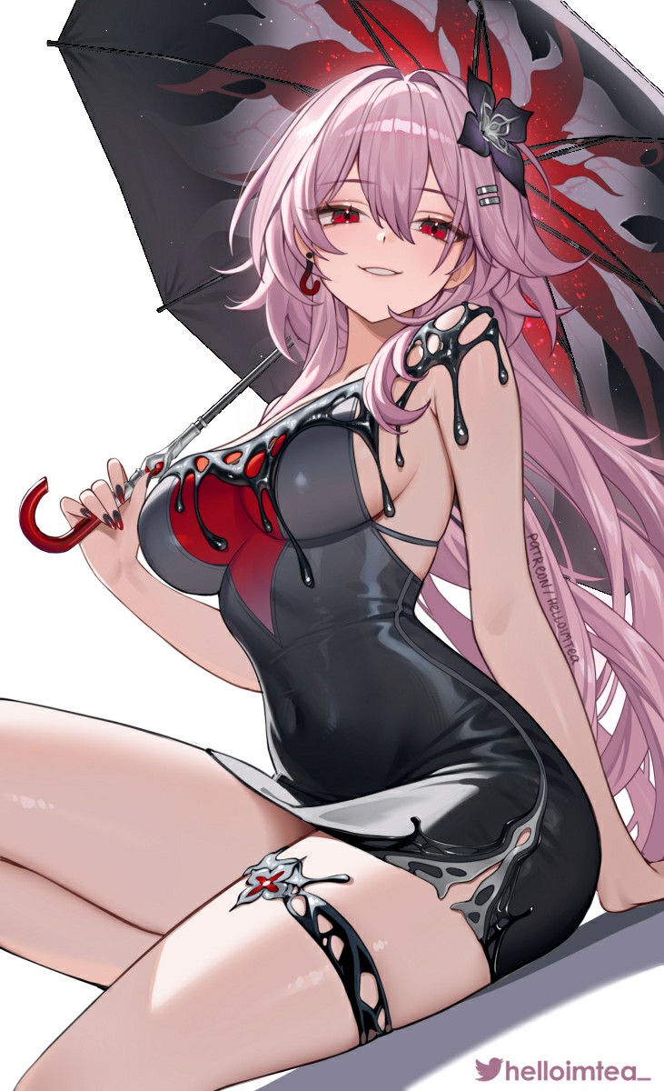 粉发红瞳御姐撑伞 液态风服饰氛围感拉满