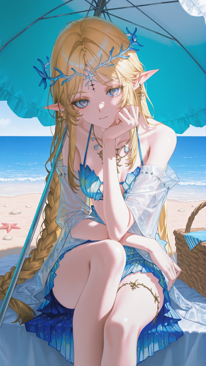 碧海白沙畔，蓝系精灵少女的慵懒时光