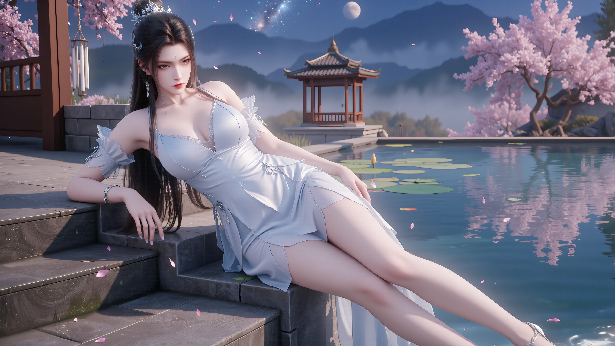 古风美人倚池赏樱 月夜氛围感拉满