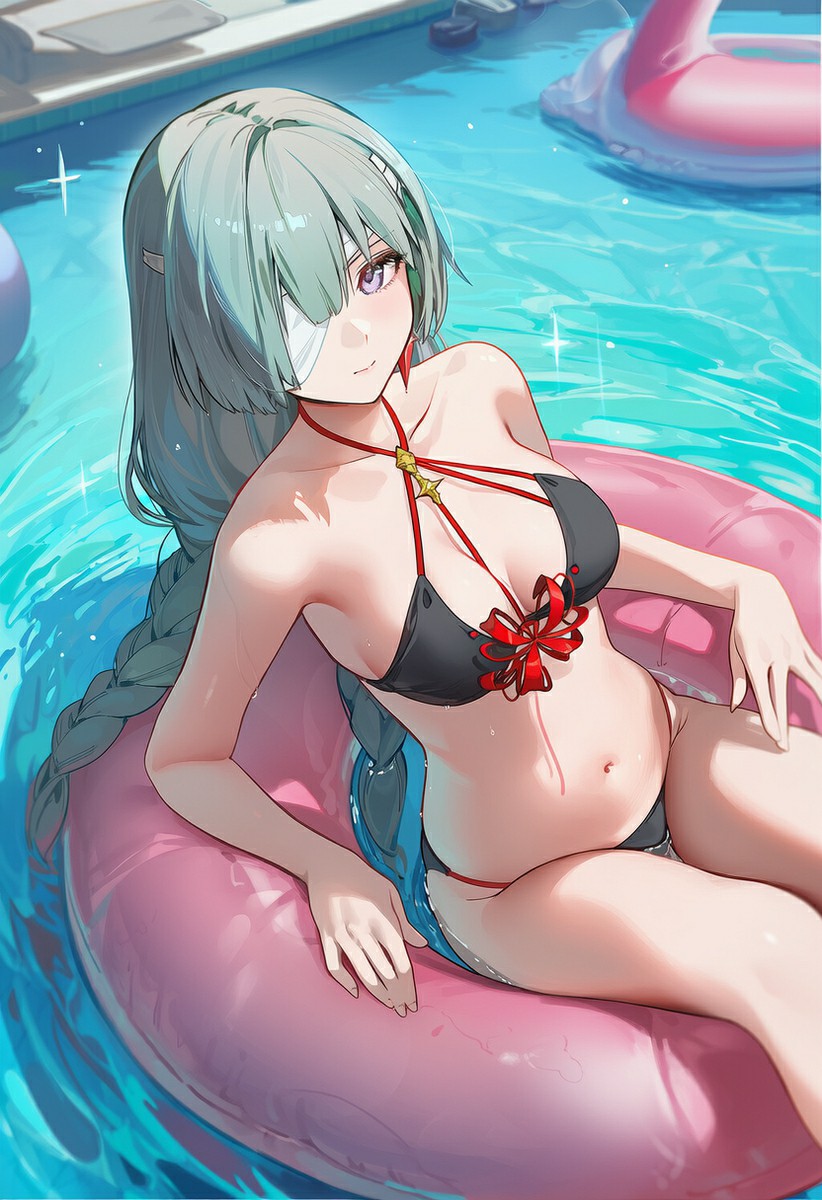 泳池慵懒躺卧的银发编发泳装美少女