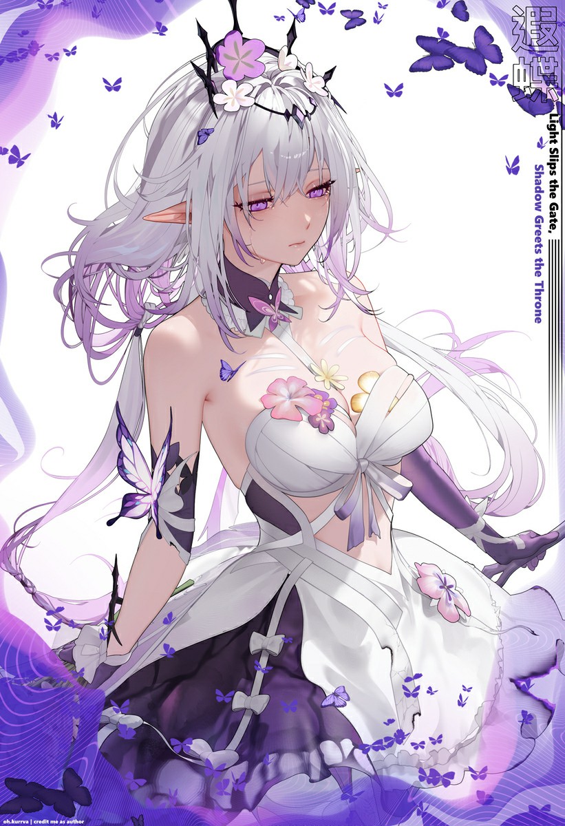 紫蝶伴银发精灵少女，花缀白裙尽显柔魅