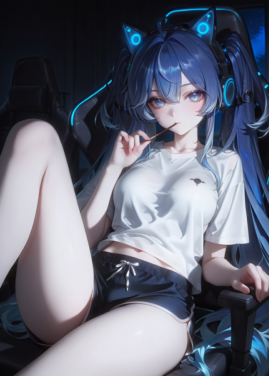 蓝发双马尾电竞少女的惬意宅家时刻