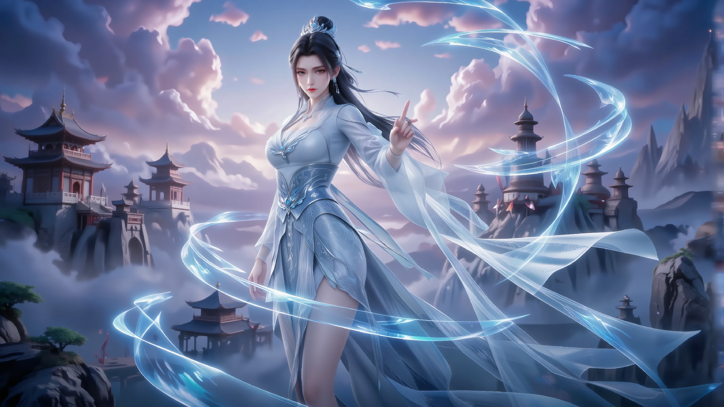 云端仙侠女子，蓝绫飞舞尽显仙韵