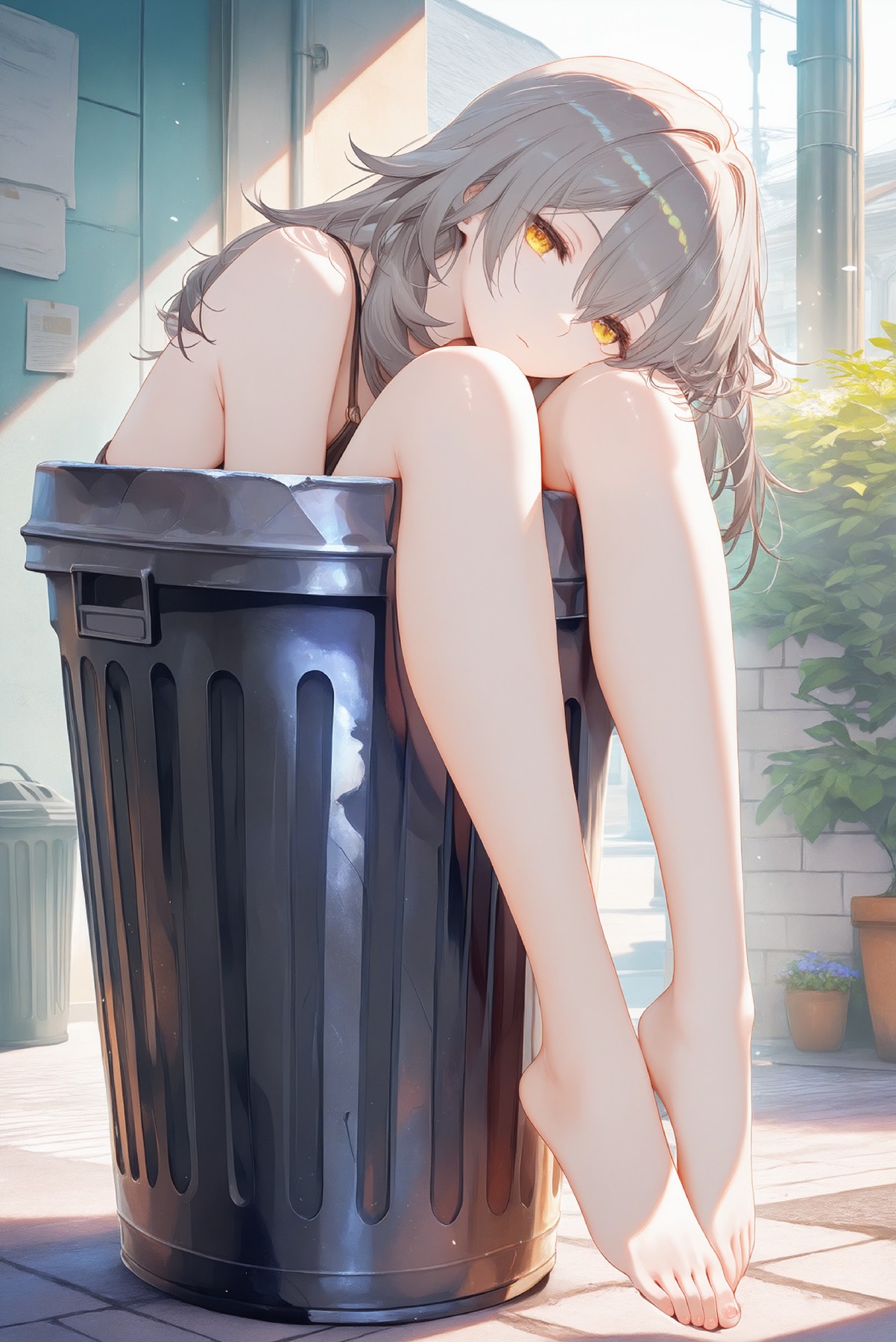 蜷缩在垃圾桶的灰发少女，落寞眼神惹人疼惜