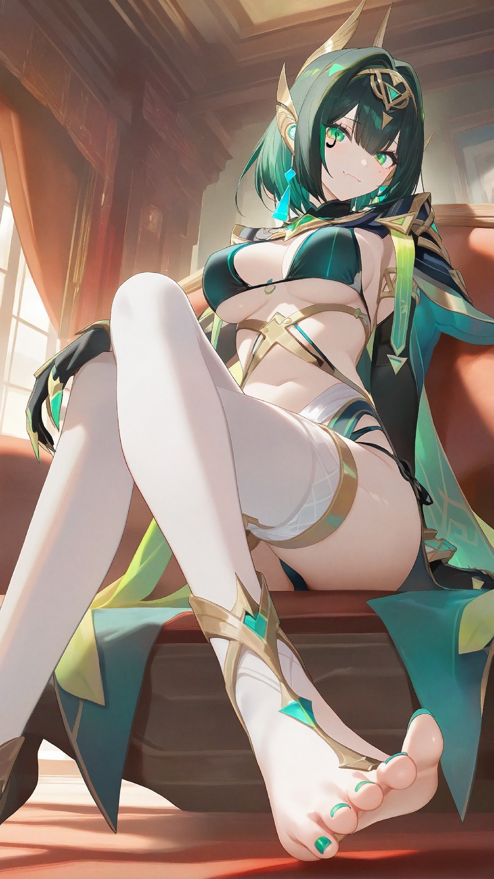 墨绿金饰冷艳御姐，慵懒坐姿尽显魅惑气场