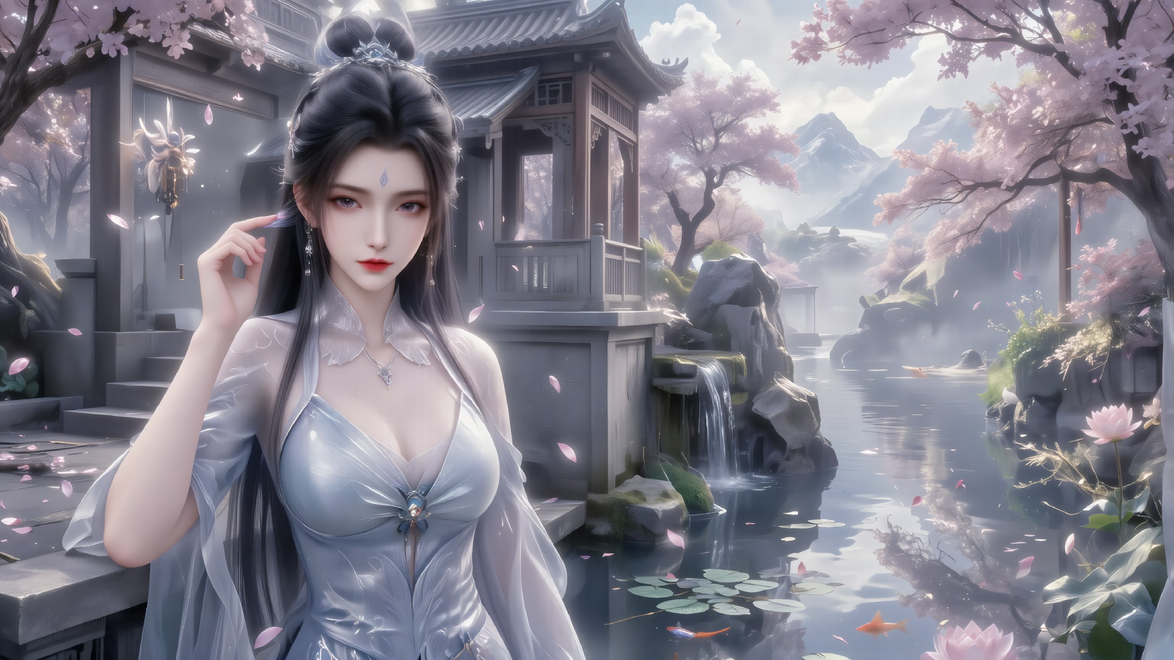 樱落仙庭烟水间,黛衣佳人似月临凡尘