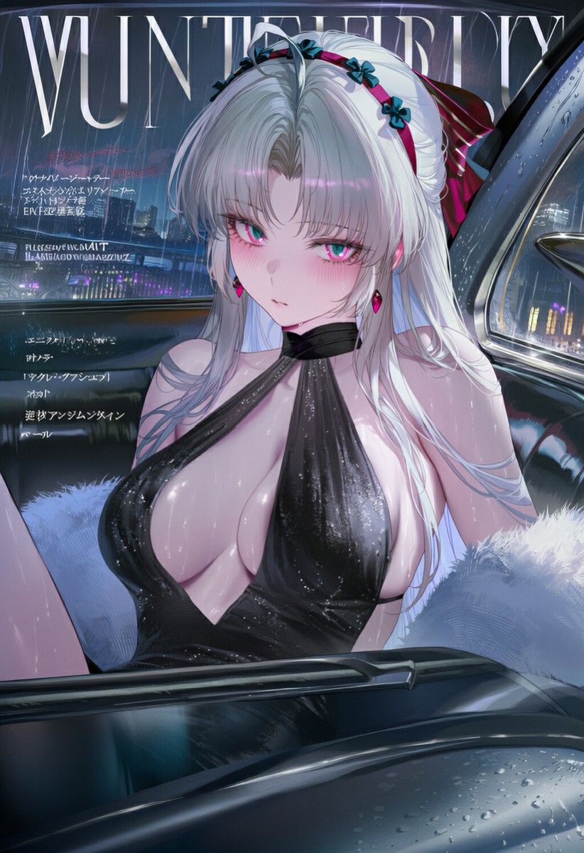 雨夜豪车中的银发性感动漫女神