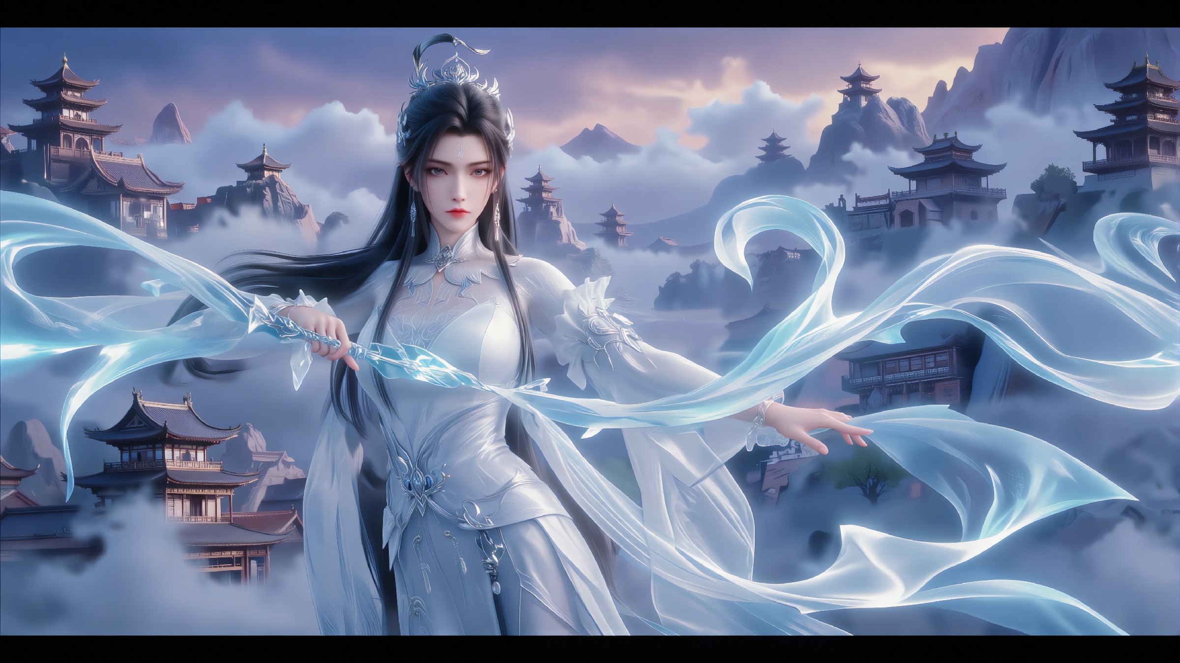 云海仙宫前的白衣剑仙氛围感拉满