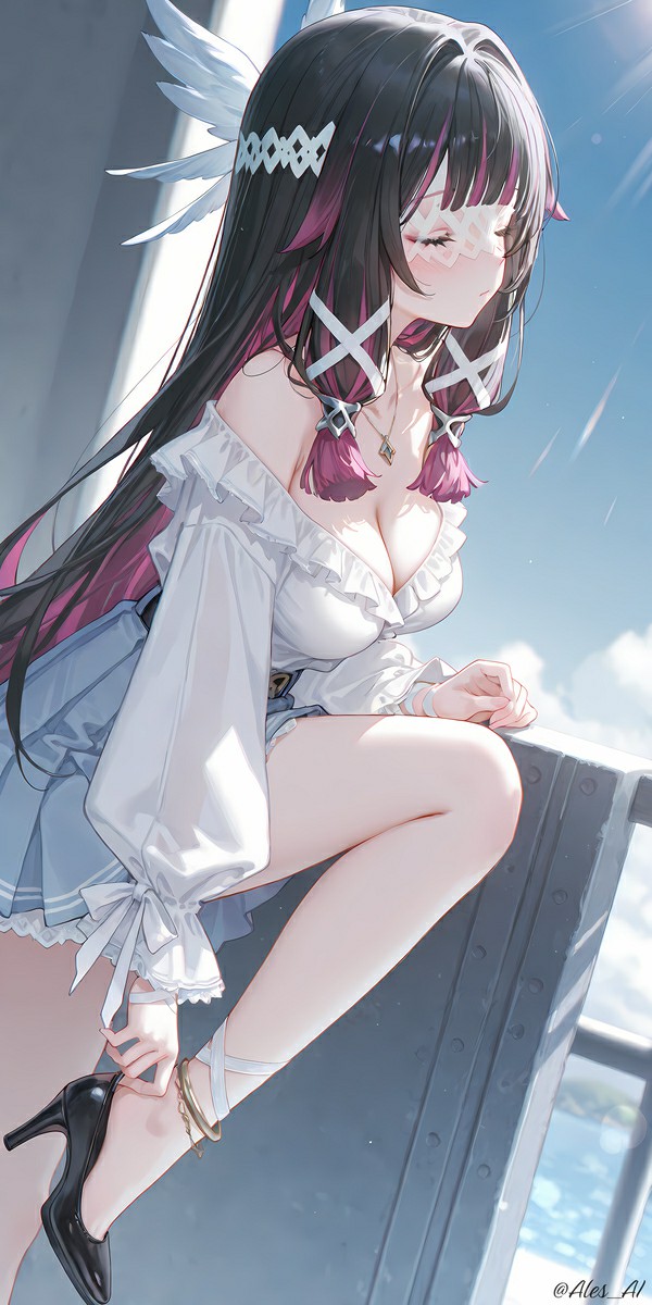 晴光下栏畔休憩的羽翼缀发温柔少女