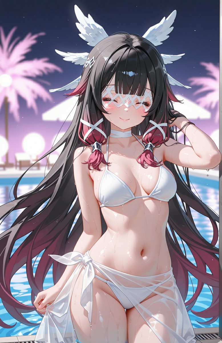 泳池旁的二次元泳装美少女超吸睛