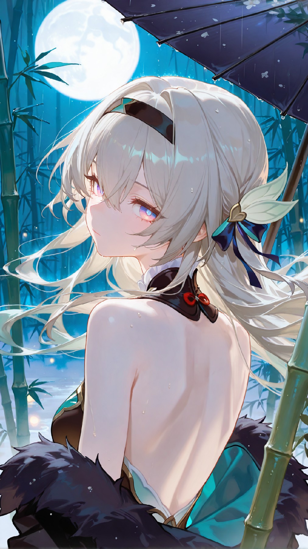 月夜竹林间的银发少女氛围感拉满