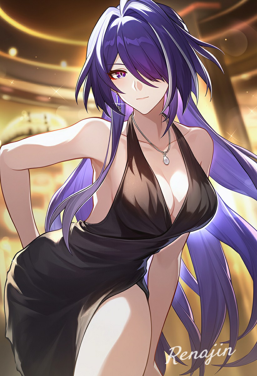 紫发女神黑色深V礼服造型超惊艳