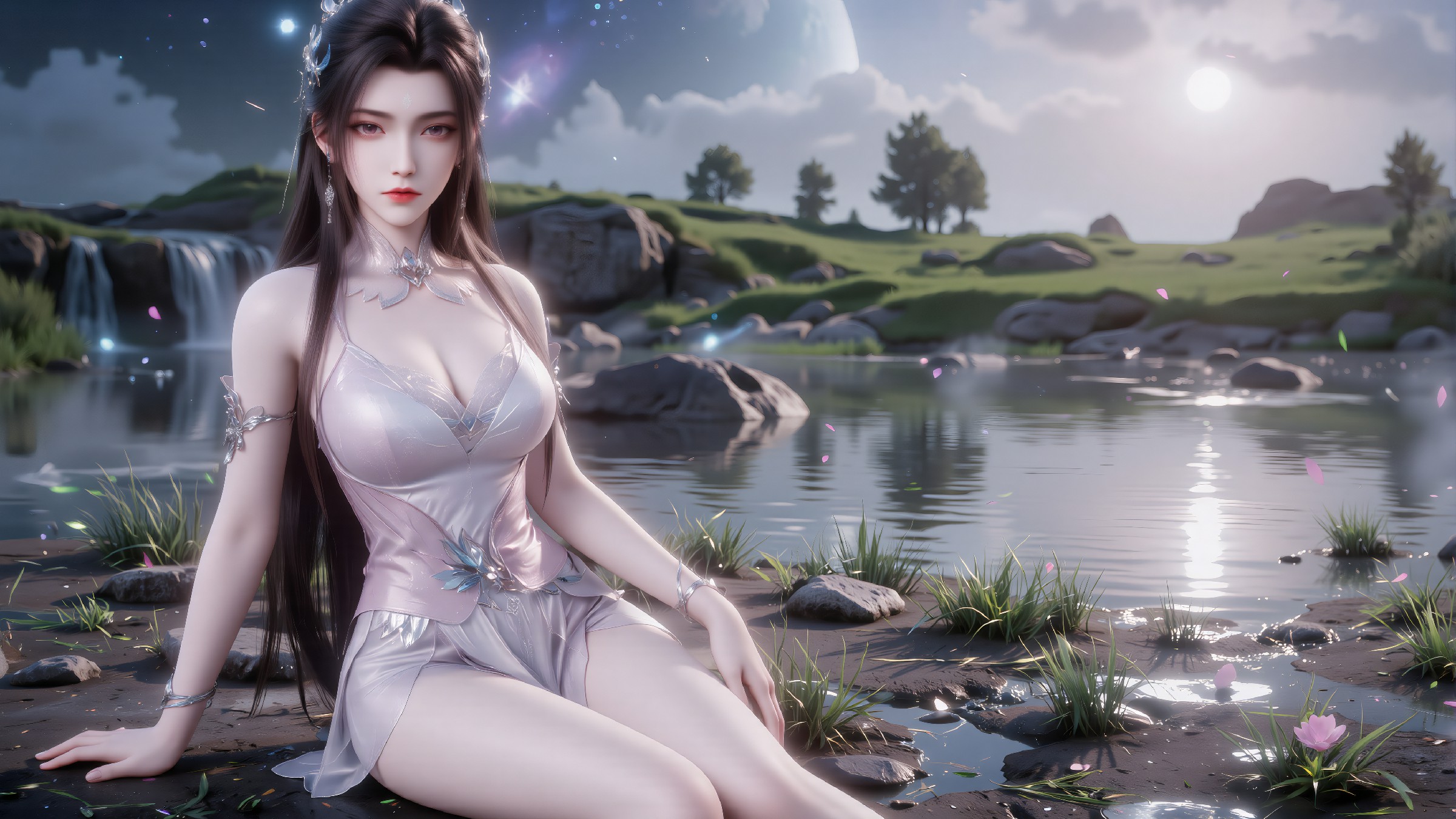 月夜湖畔古风美人，仙气飘飘氛围感拉满