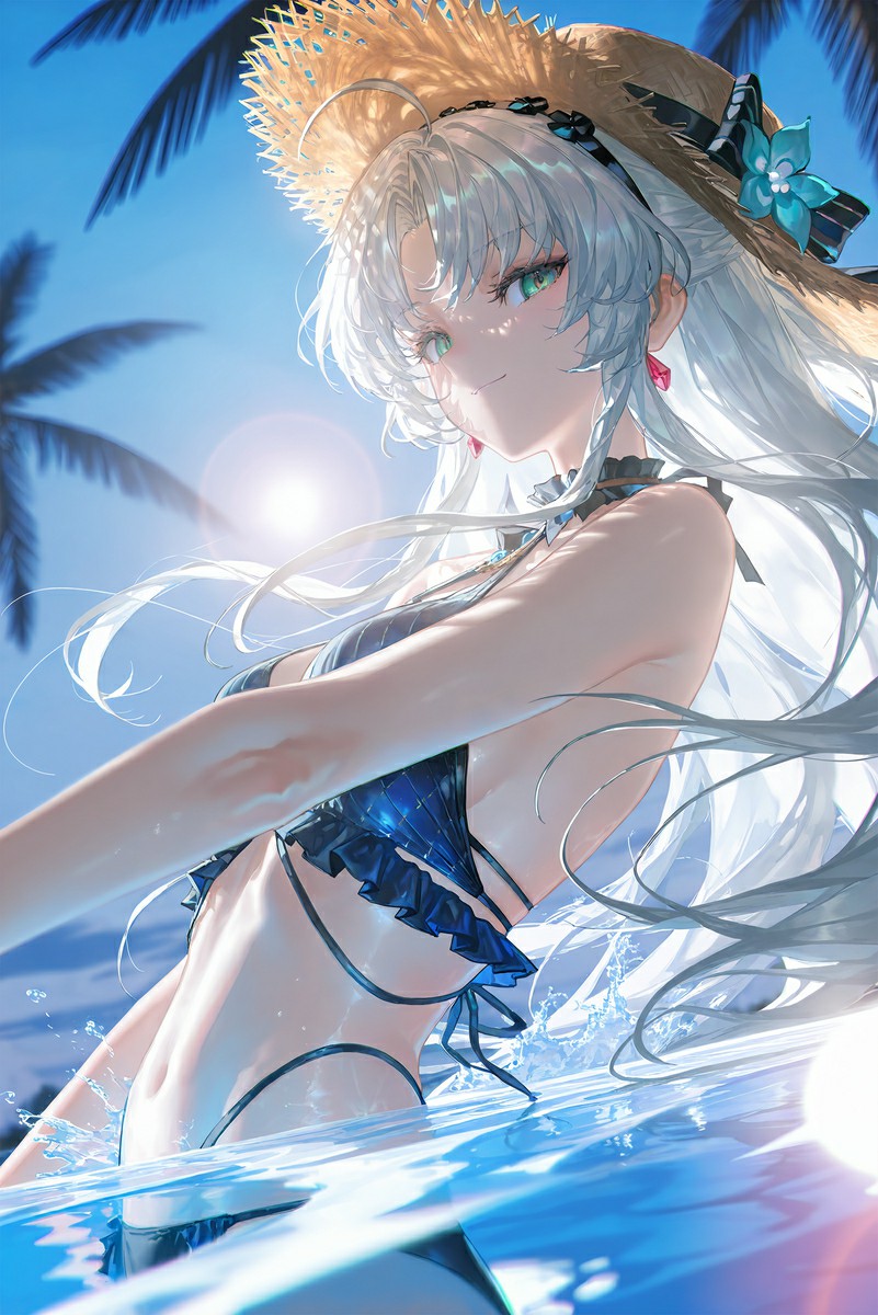 椰风拂浪，银发碧眼少女的夏日水漾时刻