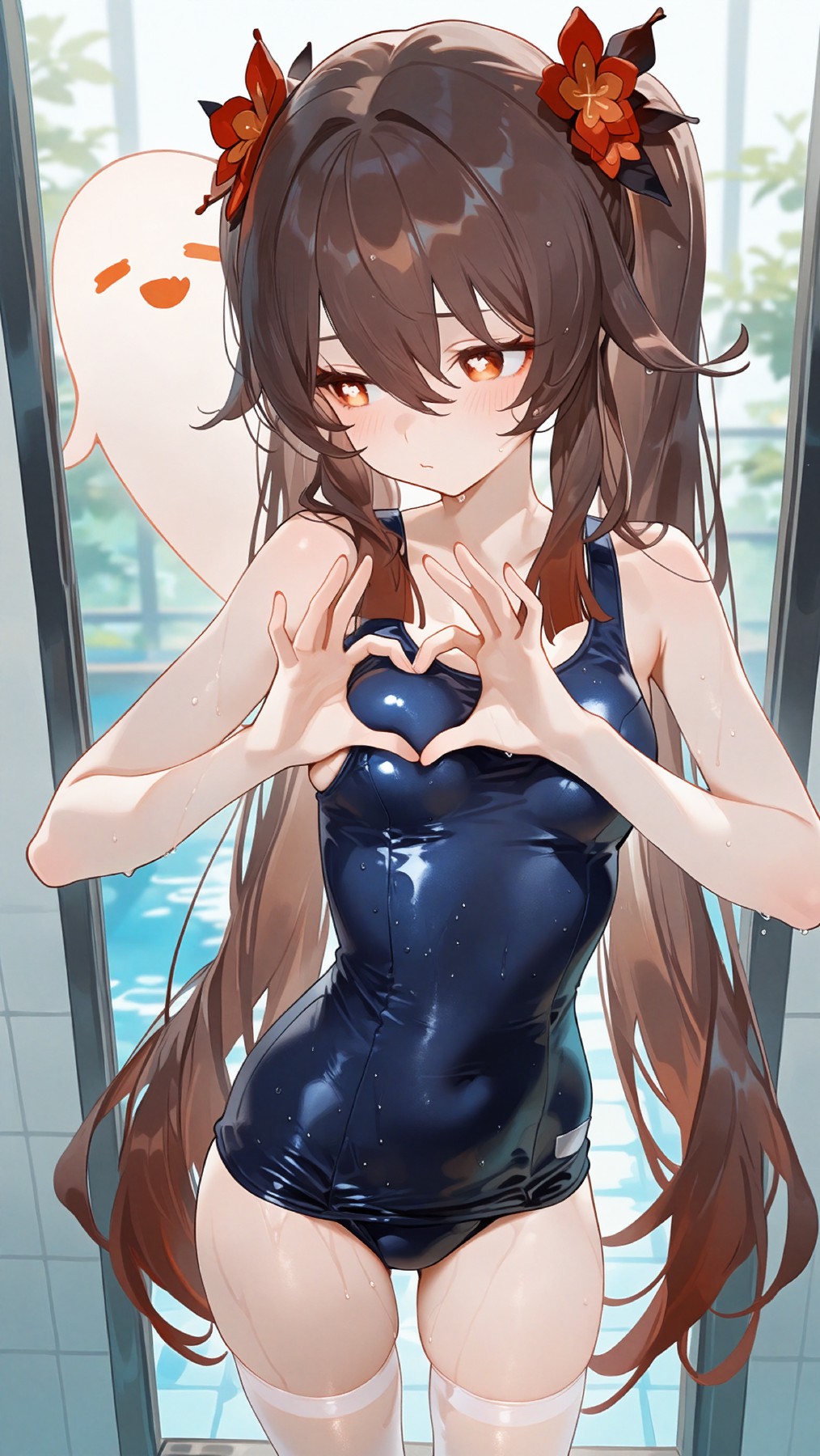 夏日泳池边的元气少女比心时刻