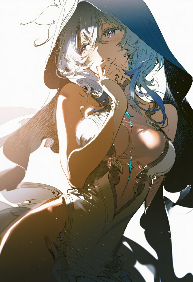 蓝发神秘女角色 光影交织下的性感魅力