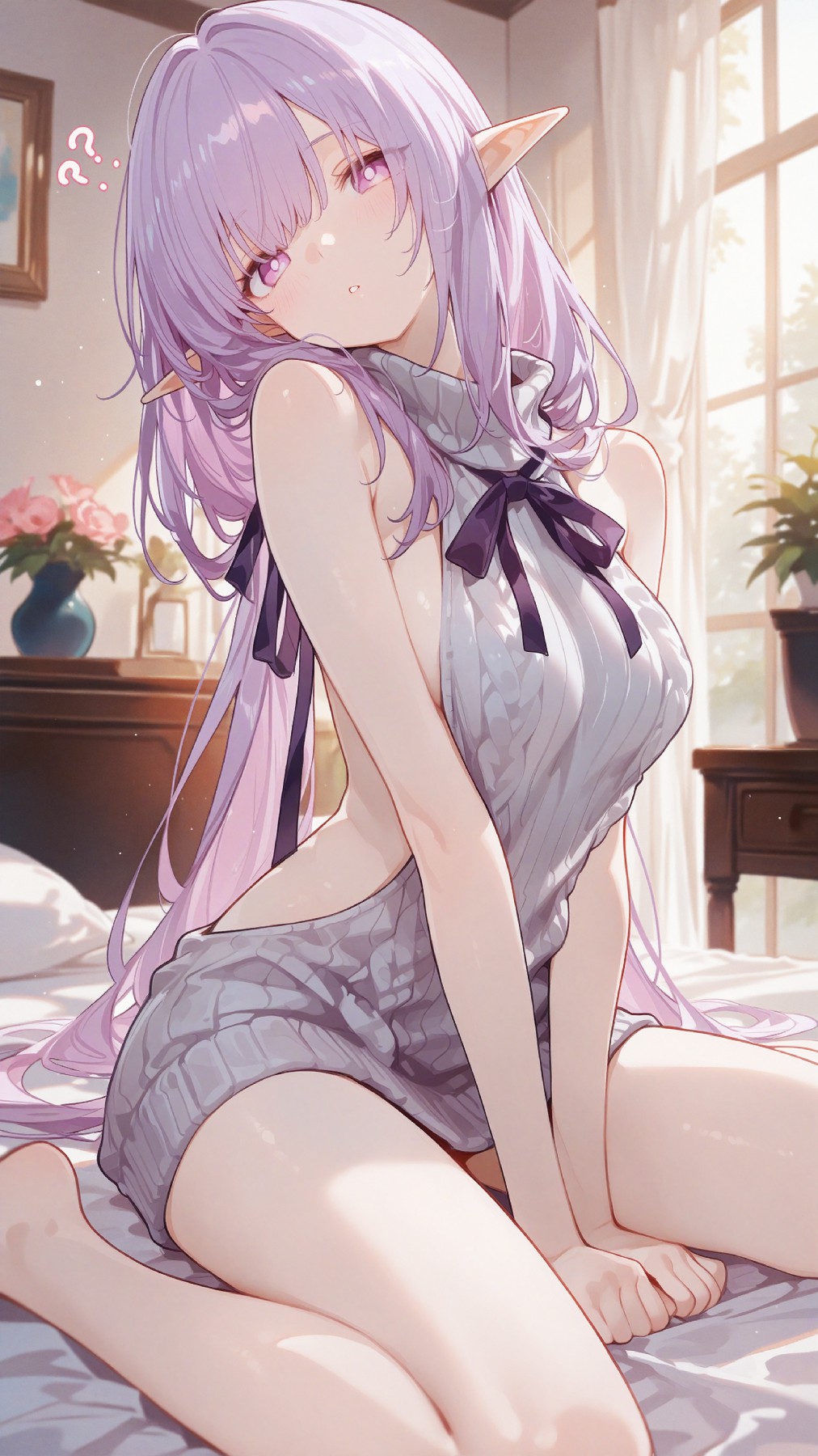 粉紫发精灵耳少女的温柔卧室时刻