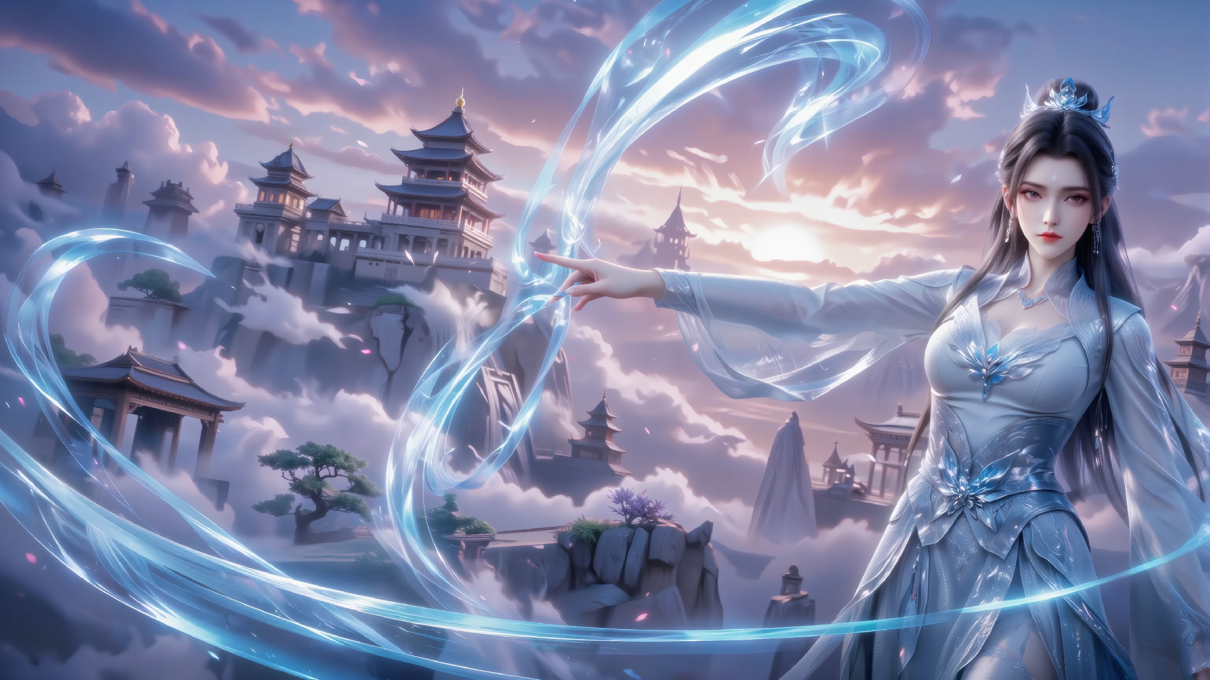 仙侠美少女，梦幻云端施法瞬间